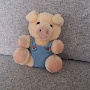 Vintage Pig Plush in Blue Overalls with Gingham Heart & Squeaker 🐷❤️